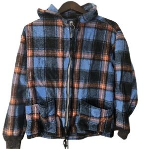Sportland Plaid Wool Hooded Zip Jacket in Blue and Brown Approx. Size Medium
